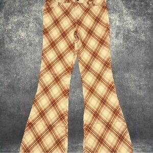 Hollister Cream and Brown Plaid Flared Jeans